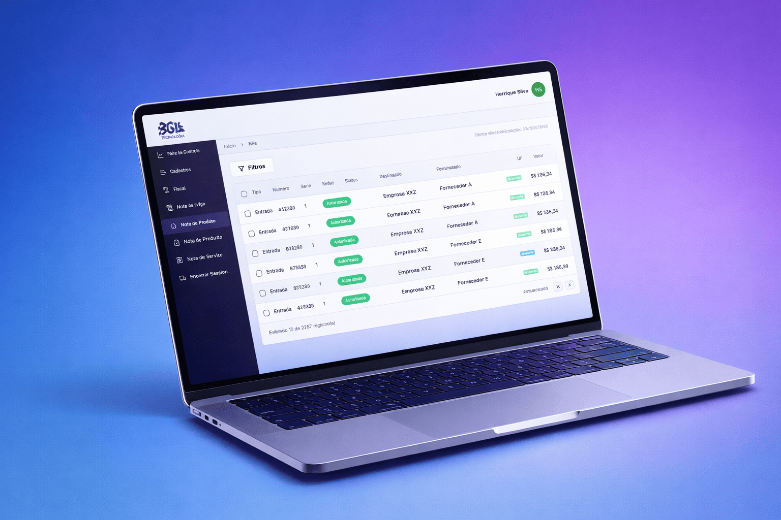 Painel do BGX Tecnologia mostrando listagem de NF-e com status SEFAZ, fornecedores, valores e filtros avançados