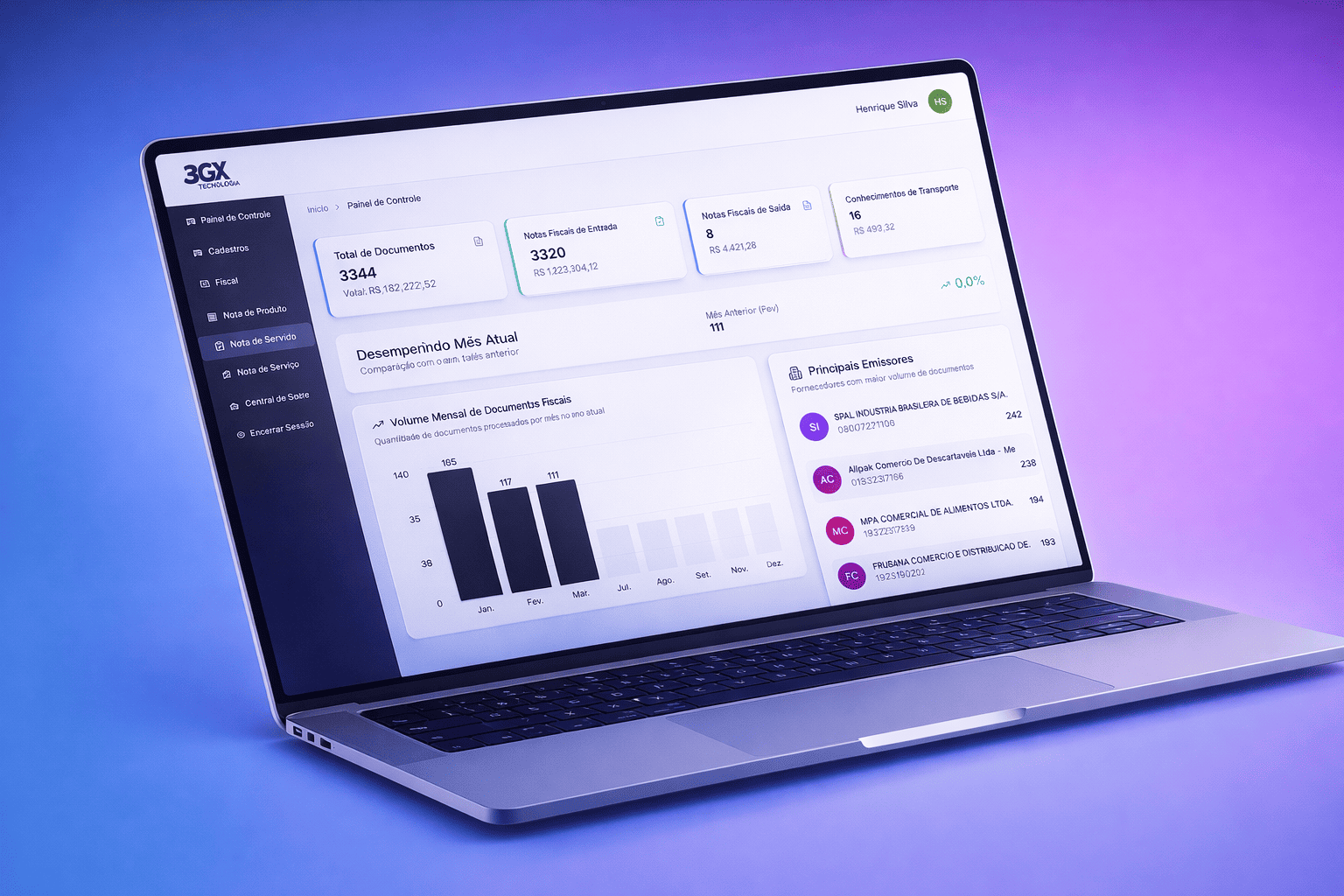 Interface do BGX Tecnologia — painel de NF-e com filtros, status SEFAZ, fornecedor, valor e ações